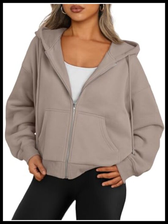 Tops - Women's Zip Up Cropped Hoodie Fleece Lined Drop Shoulder Sweatshirt